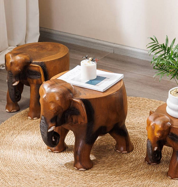 Handmade Solid Wood low Stool, Elephant Wooden Stool, Elephant Sofa Stool, Dining Table Stool, Creative Shoe-changing Stool-Art Painting Canvas