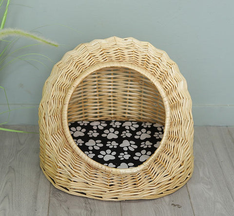 Natural Wicker Cat House Basket with Washable Cushion for Indoor Cats and Dogs, Rattan Cat Bed-Art Painting Canvas