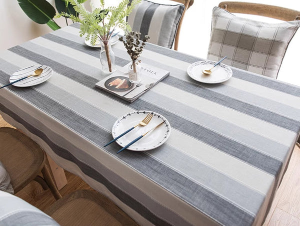 Gray Stripe Rectangular Tablecloth for Oval Table, Rectangular Table Covers for Coffee Table, Modern Table Cloths for Dining Room, Cotton and Linen Tablecloths-Art Painting Canvas