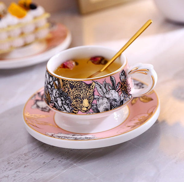 Unique Ceramic Cups with Gold Trim and Gift Box, Creative Ceramic Tea Cups and Saucers, Jungle Tiger Cheetah Porcelain Coffee Cups-Art Painting Canvas