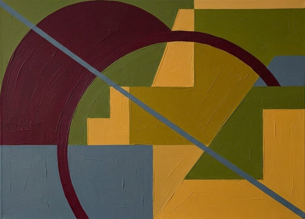 Mustard Yellow, Olive Green, Burgundy Red Colors, Geometric Pattern Contemporary Art for Mid-Century Modern Decor