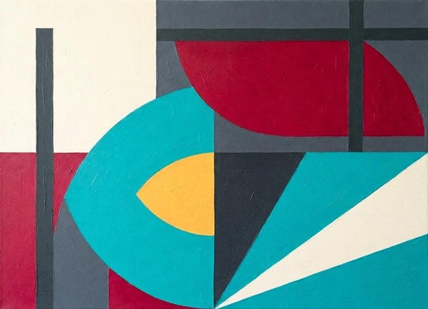 Large Modern Wall Art, Yellow, Dark Red, Dark Gray Colors, Geometric Pattern Abstract Art for Mid-Century Contemporary Living Room