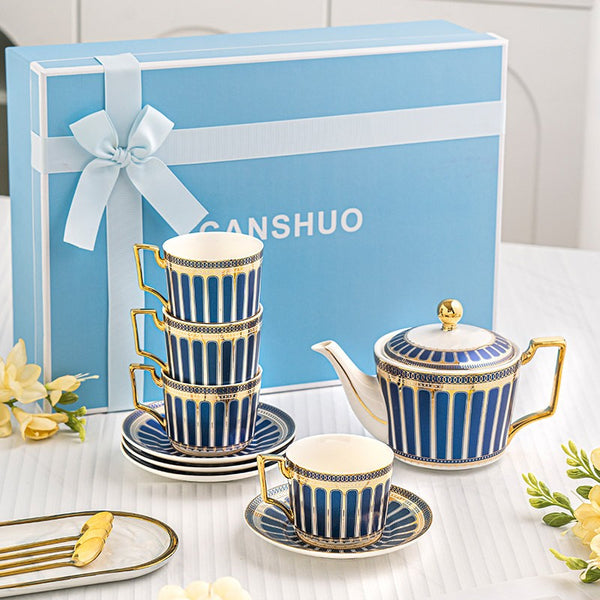 Elegant Blue Ceramic Tea Cup and Saucer Set of 4 cups with Teapot, 7.4 oz Porcelain Tea Cup and Saucer Set, British Tea Cup Set, Modern Blue Coffee Cup with Saucer-Art Painting Canvas