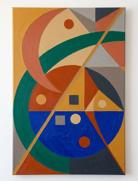 Huge Abstract Paintings, Oversized Modern Canvas Wall Art, Royal Blue, Mustard Yellow, Emerald Green Colors, Geometric Pattern Modern Artwork