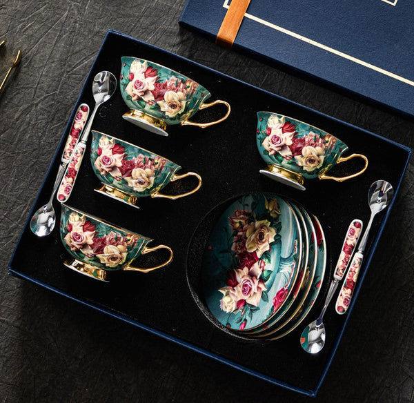 Rose Royal Ceramic Cups, Elegant Flower Ceramic Coffee Cups, Afternoon Porcelain Tea Cup Saucer Set, 6.8 oz Tea Cup and Saucer in Gift Box-Art Painting Canvas