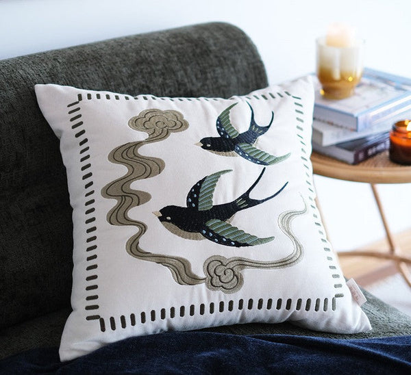 Luxury Decorative Pillows for Couch, Modern Throw Pillows for Couch, Vintage Decorative Pillows, Embroidered Swallow Birds Cushion, Decorative Pillow Arrangement Ideas for Bed-Art Painting Canvas