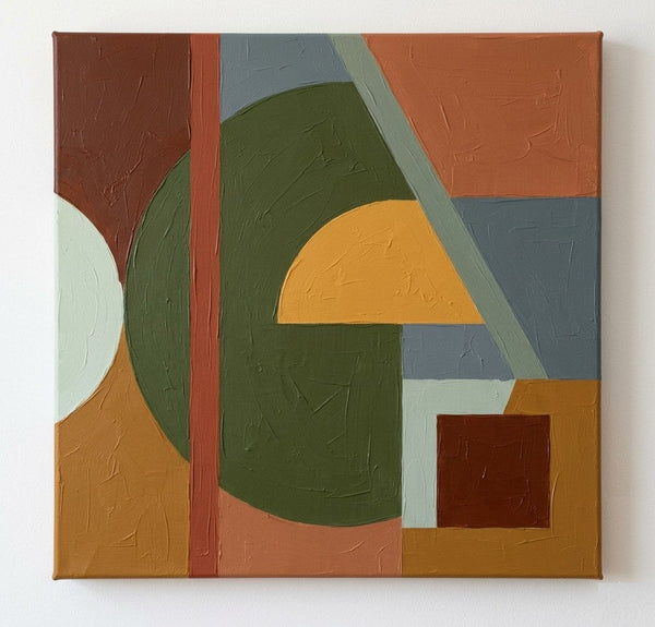 Modern Contemporary Artwork, Green, Ochre Yellow, Terracotta Colors, Geometric Pattern Original Paintings for Modernism Decor
