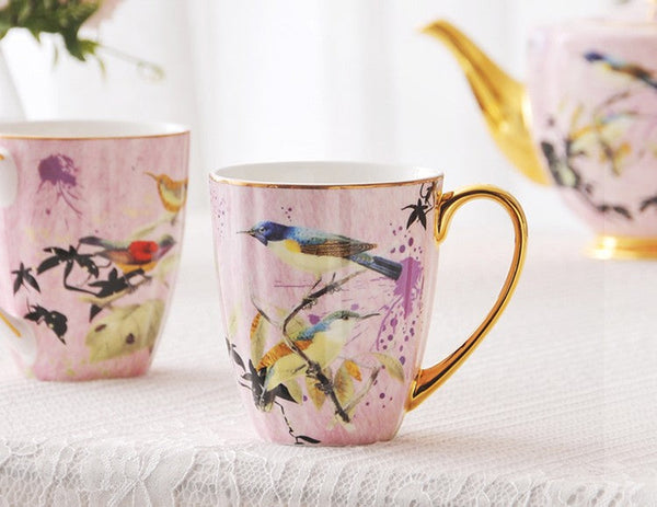Elegant Pink Ceramic Coffee Mug, Beautiful Bird Flower Ceramic Mug, Large Creative Porcelain Mug, Large Capacity Ceramic Mugs for Office-Art Painting Canvas