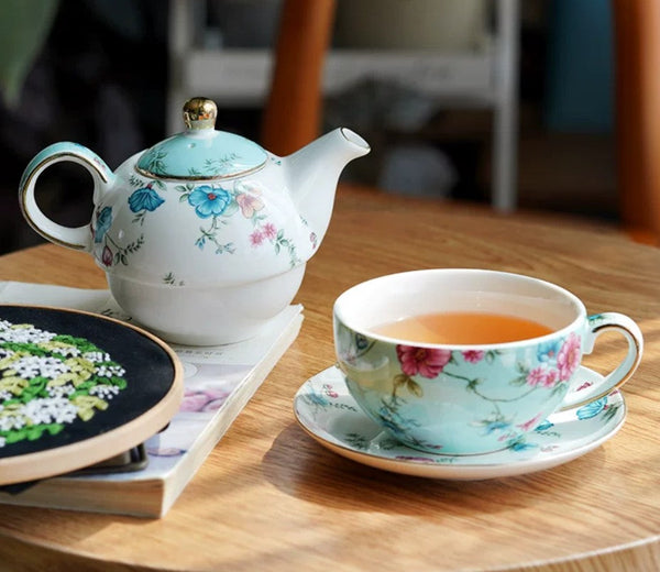 Porcelain Teapot with Matching Cup and Saucer in Gift Box, Stackable Teapot and Cup Set, Ceramic Tea Pot with Integrated Cup, Mother and Baby Teapot with Matching Saucer-Art Painting Canvas