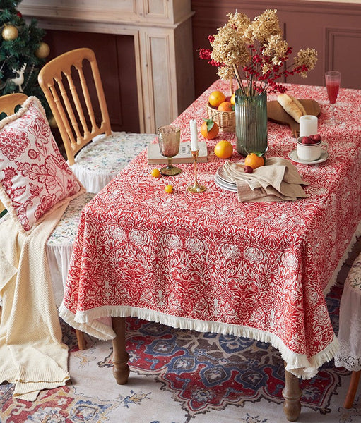 Large Fiberflax Rectangle Tablecloth for Home Decoration, Red Flower Pattern Tablecloth for Holiday Decoration, Square Tablecloth for Round Table-Art Painting Canvas