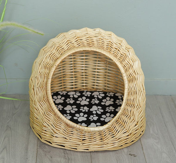 Natural Wicker Cat House Basket with Washable Cushion for Indoor Cats and Dogs, Rattan Cat Bed