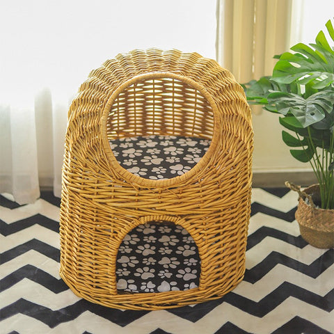 Large Double-Layer Cat Bed, Wicker Cat House Basket with Washable Cushion for Indoor Cats and Dogs-Art Painting Canvas