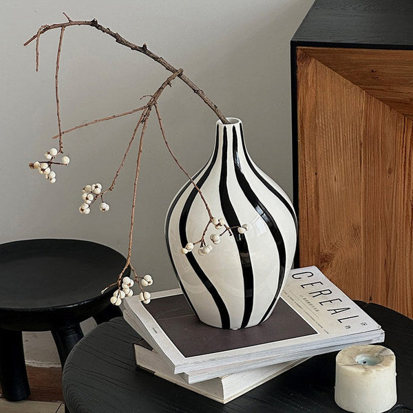 Water Holding Flower Vases, Black and White Striped Ceramic Vase, Porcelain Flower Vases, Modern Flower Vases on Table-Art Painting Canvas