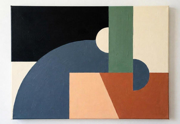 Grayish Blue, Black, Terracotta Colors, Geometric Pattern Contemporary Art for Bauhaus Modern Decor, Original Abstract Paintings