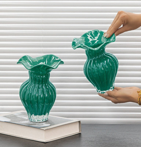 Contemporary Vases for Modern Home Decor, Unique Handmade Liuli Vases, Color Glaze Vase, Green Glass Bud Vases, Centerpiece Vases on Table-Art Painting Canvas