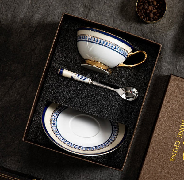 Blue Porcelain Tea Cup Saucer Set, Elegant British Ceramic Coffee Cups, Unique British Tea Cup and Saucer in Gift Box-Art Painting Canvas