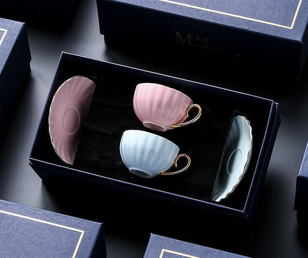 French Style Tea Cup and Saucer in Gift Box as Birthday Gift, Elegant Macaroon Ceramic Coffee Cups, Porcelain Tea Cup Saucer Set of 2 Cups, Beautiful British Tea Cups-Art Painting Canvas