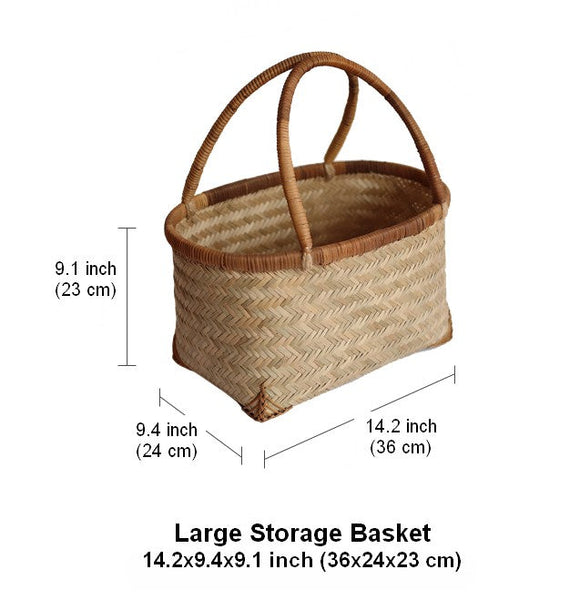 Storage Basket with Handle, Large Kitchen Storage Baskets, Natural Hand-woven Bamboo Storage Basket, Lovely Bamboo Weaving Baskets for Vegetable, Picnic Fruit Storage Baskets-Art Painting Canvas