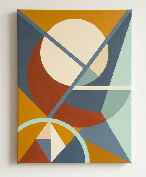 Ochre Yellow, Terracotta, Denim Blue Colors, Geometric Pattern Abtract Art for Mid Century Modern Living Room, Original Modern Canvas Paintings