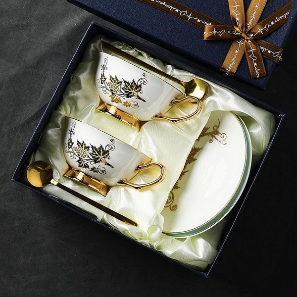 Elegant British Ceramic Coffee Cups, 7.4 oz Golden Leaves and Grapes Porcelain Tea Cup Saucer Set, Unique British Tea Cup and Saucer in Gift Box-Art Painting Canvas