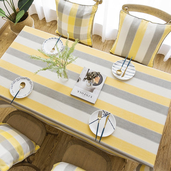 Kitchen Rectangular Table Covers, Yellow Stripe Cotton and Linen Tablecloths, Rectangular Tablecloth for Oval Table, Modern Table Cloths for Dining Room-Art Painting Canvas