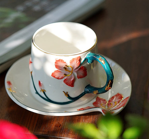 Afternoon British Tea Cups, Creative Bone China Porcelain Tea Cup Set, Traditional English Tea Cups and Saucers, Unique Ceramic Coffee Cups-Art Painting Canvas