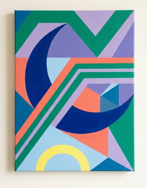 Large Abstract Paintings, Royal Blue, Light Purple, Emerald Green Colors, Geometric Contemporary Art for Bauhaus Modern Decor