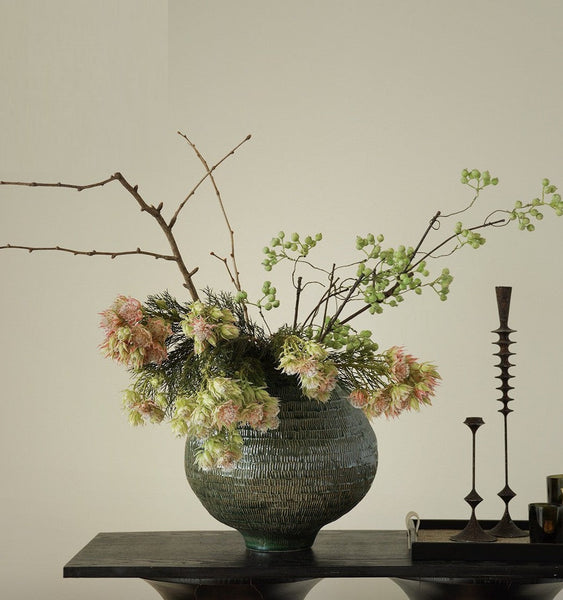 Centerpiece Ceramic Bouquet Vases, Green Porcelain Vases for Modern Home Decor, Large Contemporary Vases on Dining Table, Handmade Modern Flower Vase-Art Painting Canvas