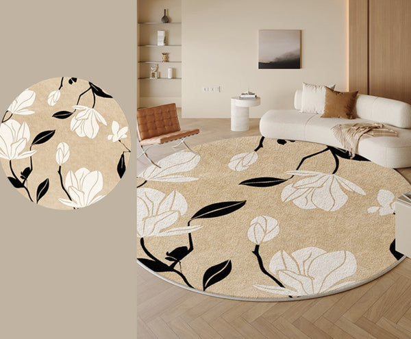 Modern Round Rugs under Coffee Table, Circular Rugs for Dining Table, Abstract Contemporary Rugs for Bedroom, Modern Cream Color Rugs for Living Room-Art Painting Canvas