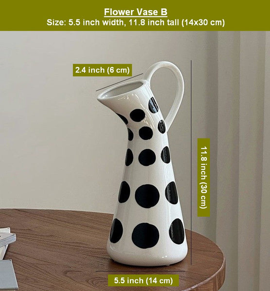 Ceramic Bud Vases, Small Flower Vases on Table, Black and White Polka Dot Flower Vase, Modern Porcelain Flower Vases, Handmade Water Holding Flower Vases-Art Painting Canvas