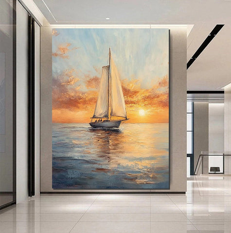 Acrylic Painting on Canvas, Simple Painting Ideas for Dining Room, Modern Acrylic Canvas Painting, Oversized Canvas Painting for Sale, Sail Boat Paintings-Art Painting Canvas