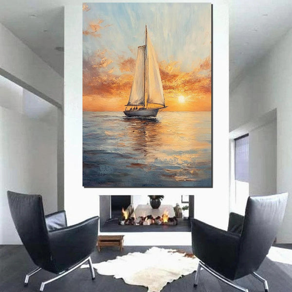 Simple Painting Ideas for Dining Room, Modern Acrylic Canvas Painting, Acrylic Painting on Canvas, Oversized Canvas Painting for Sale, Sail Boat Paintings-Art Painting Canvas
