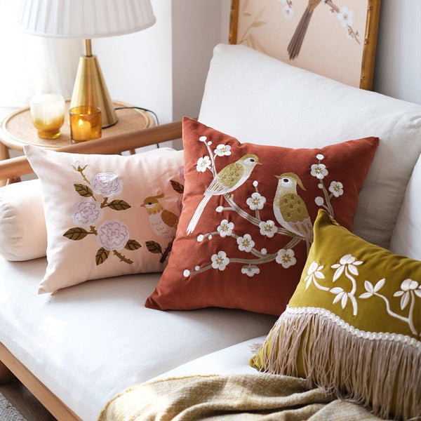 Modern Throw Pillows for Bedroom, Decorative Pillows for Couch, Vintage Decorative Pillows, Embroidered Birds Cushion, Decorative Pillow Arrangement Ideas for Couch-Art Painting Canvas