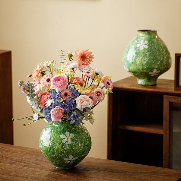 Modern Pottery Flower Vases, Centerpiece on Dining Table, Handmade Water Holding Flower Vases, Pottery Bud Vases, Large Green Flower Vases on Table-Art Painting Canvas
