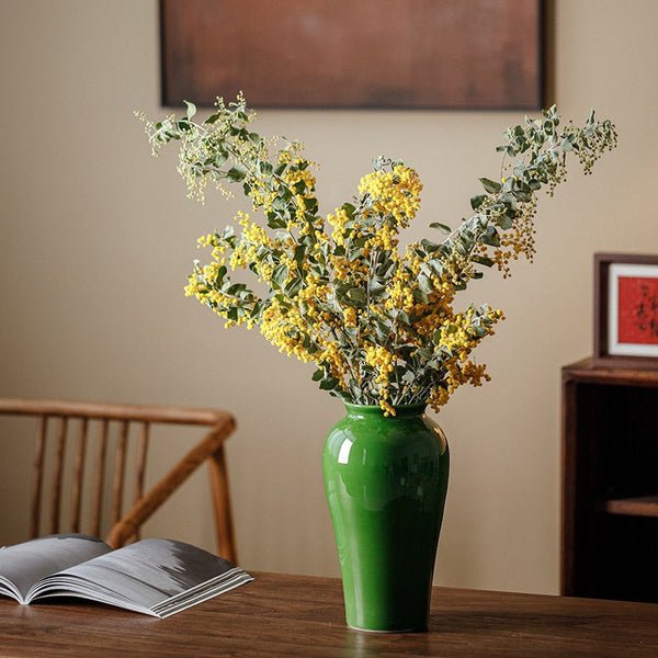 Vintage Flower Vases on Table, Handmade Water Holding Flower Vase, Centerpiece Ceramic Bud Vases, Green Porcelain Flower Vases-Art Painting Canvas