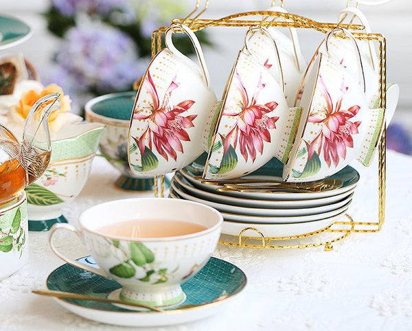 Lotus Flower Porcelain Tea Cup Saucer Set, Elegant Ceramic Coffee Cups, Beautiful British Tea Cups, Traditional English Tea Cup and Saucer-Art Painting Canvas
