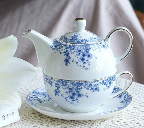 British Style Porcelain Teapot with Matching Cup and Saucer in Gift Box, Ceramic Tea Pot with Integrated Cup, Stackable Teapot and Cup Set, Mother-and-Baby Teapot with Matching Saucer-Art Painting Canvas