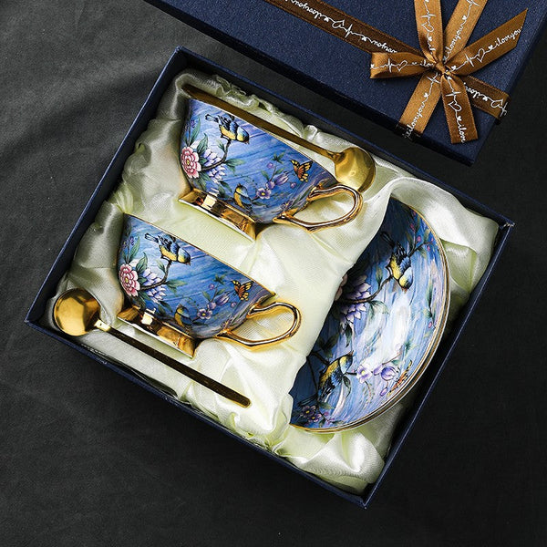 Blue Bird and Butterfly Porcelain Tea Cup Saucer Set, 7.4 oz British Tea Cup and Saucer in Gift Box, Elegant British Ceramic Coffee Cups-Art Painting Canvas