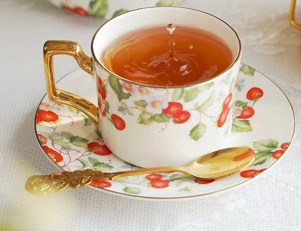Strawberry Bone China Porcelain Tea Cup Set, Elegant Ceramic Coffee Cups, British Royal Ceramic Cups for Afternoon Tea, Unique Blue Tea Cup and Saucer in Gift Box-Art Painting Canvas
