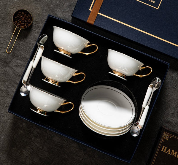 Porcelain Tea Cup Saucer Set, White Ceramic Cups, 7.8 oz British Ceramic Coffee Cups, Unique Tea Cup and Saucer in Gift Box-Art Painting Canvas