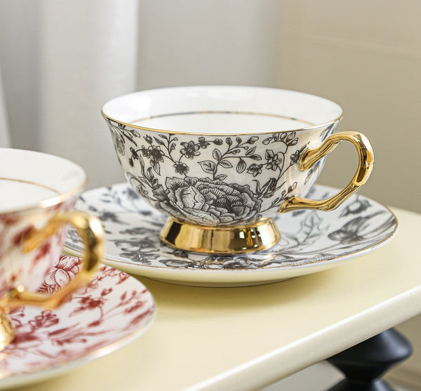 Elegant Flower Ceramic Cups, Unique Royal Coffee Cup and Saucer, Creative Porcelain Tea Cup Saucer Set, Beautiful British Tea Cups-Art Painting Canvas