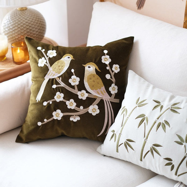 Embroidered birds cushion, Decorative Pillows for Couch, Vintage Decorative Pillows, Modern Throw Pillows for Bedroom, Decorative Pillow Arrangement Ideas for Couch-Art Painting Canvas