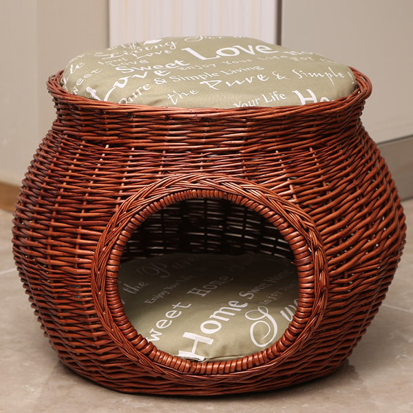Wicker Cat House Basket with Washable Cushion for Indoor Cats and Dogs, Rattan Cat Bed-Art Painting Canvas
