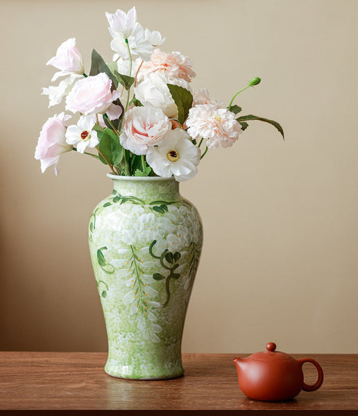 Centerpiece Ceramic Bud Vases, Large Flower Vases on Table, Green Porcelain Flower Vases, Handmade Water Holding Flower Vase-Art Painting Canvas