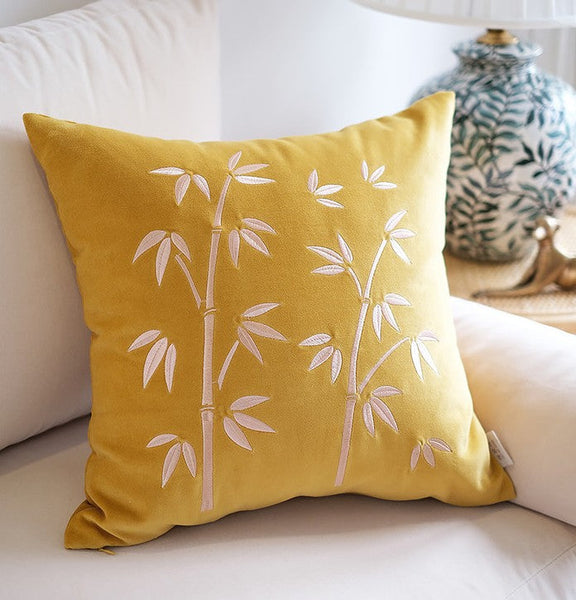 Decorative Pillow Arrangement Ideas for Couch, Large Decorative Pillows for Couch, Modern Throw Pillows for Bedroom, Living Room Decorative Pillows, Yellow Embroidered Bamboo Cushion-Art Painting Canvas