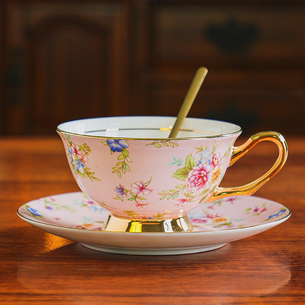 Porcelain Tea Cup Saucer Set of 2 Cups, Floral Ceramic Coffee Cup with Saucer, Beautiful British Tea Cup and Saucer, Flower Tea Cup and Saucer Set in Gift Box-Art Painting Canvas