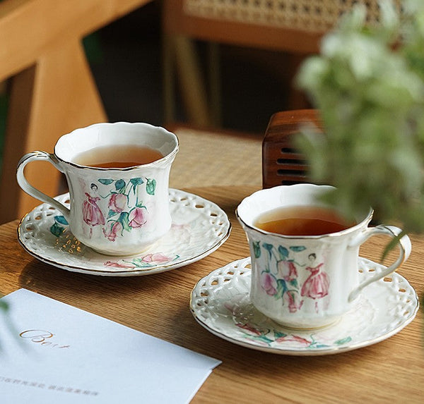 Elegant British Tea Cups, Beautiful Porcelain Tea Cup Saucer Set, Traditional English Tea Cup and Saucer, Unique Ceramic Coffee Cups-Art Painting Canvas