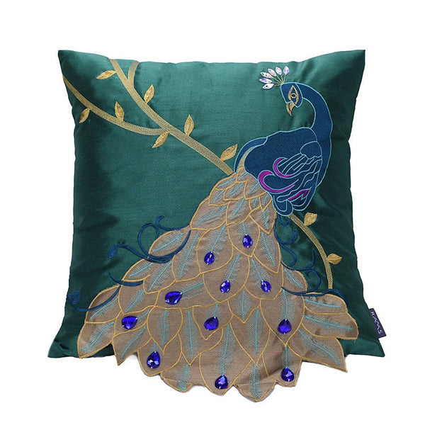 Decorative Sofa Pillows, Decorative Pillows for Couch, Beautiful Decorative Throw Pillows, Green Embroider Peacock Cotton and linen Pillow Cover-Art Painting Canvas