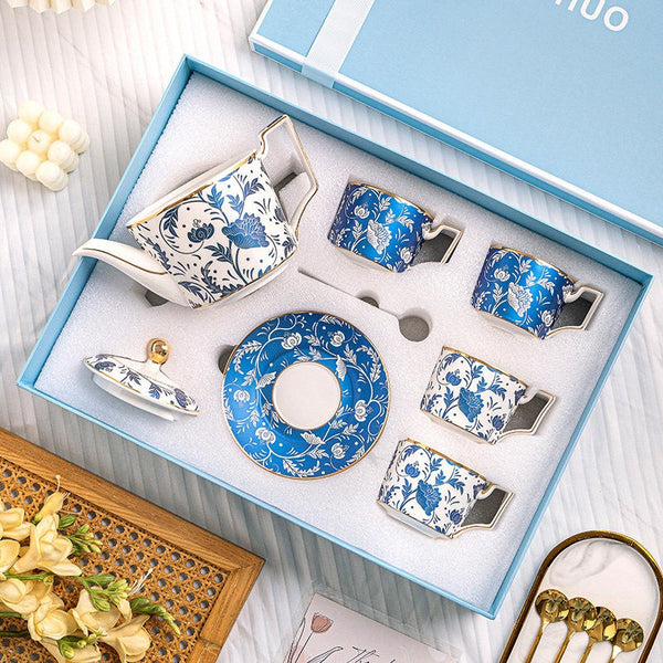 Unique British Traditional Afternoon Tea Cup Set with Teapot, 8 oz Ceramic Coffee Cup with Saucer Set of 4 cups in Gift Box, Blue Porcelain Tea Cup and Saucer Set-Art Painting Canvas
