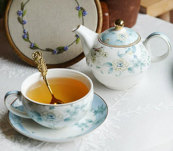Stackable Teapot and Cup Set, Ceramic Tea Pot with Integrated Cup, Porcelain Teapot with Matching Cup and Saucer in Gift Box, Mother-and-Baby Teapot with Matching Saucer-Art Painting Canvas